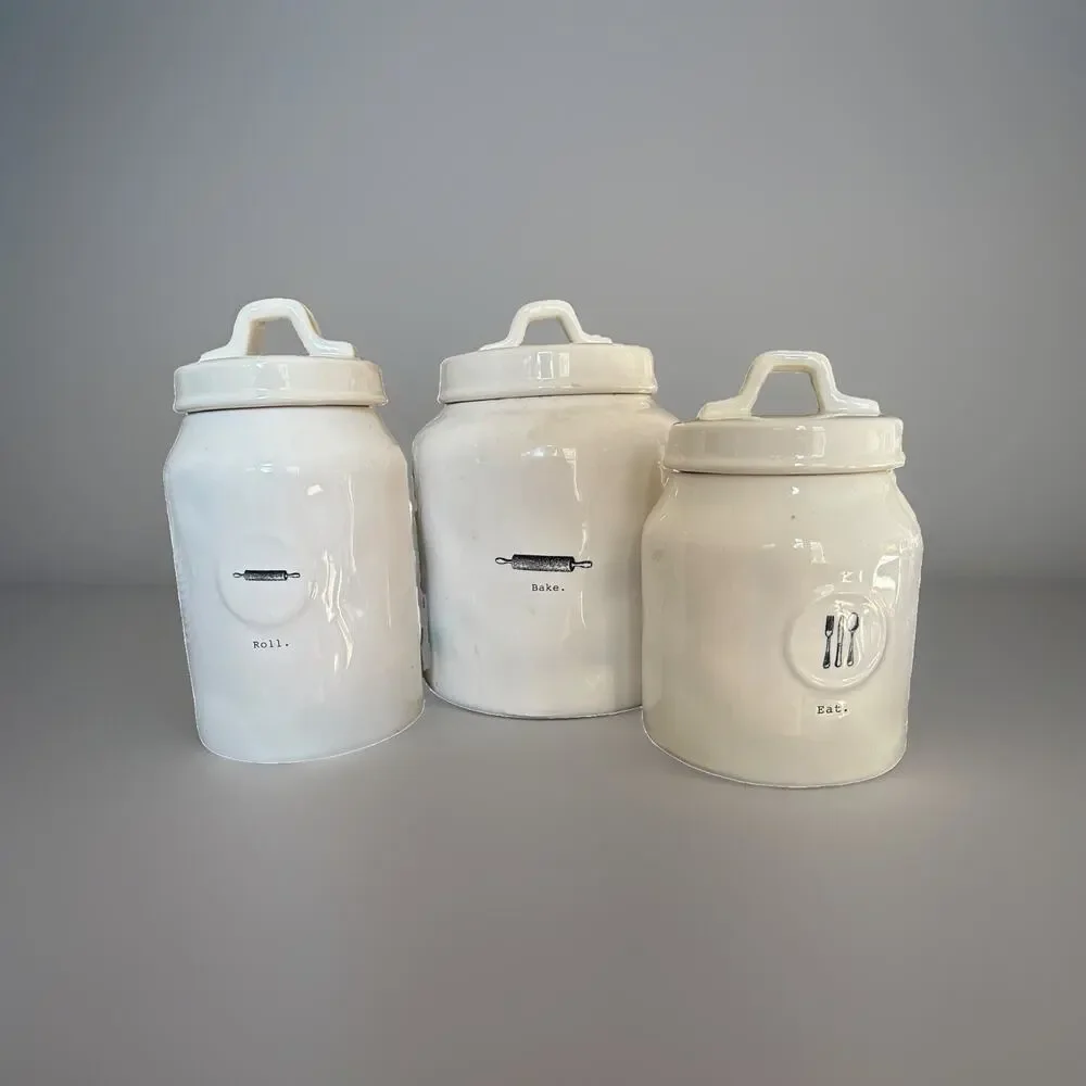 RAE DUNN Ceramic Canister Set Of 3 Roll Bake Eat Air Tight Lid READ